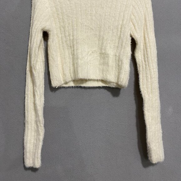 Pink Rose Cream Fuzzy Ribbed Cropped Sweater Sz S Soft Cozy Knit Top - Picture 7 of 8